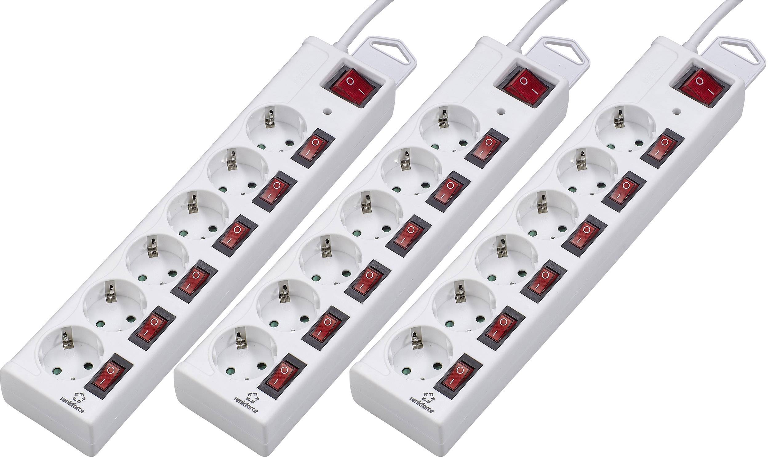 Trois multiprises blanches avec six emplacements chacune et des interrupteurs individuels. Elles sont conçues pour connecter plusieurs appareils.