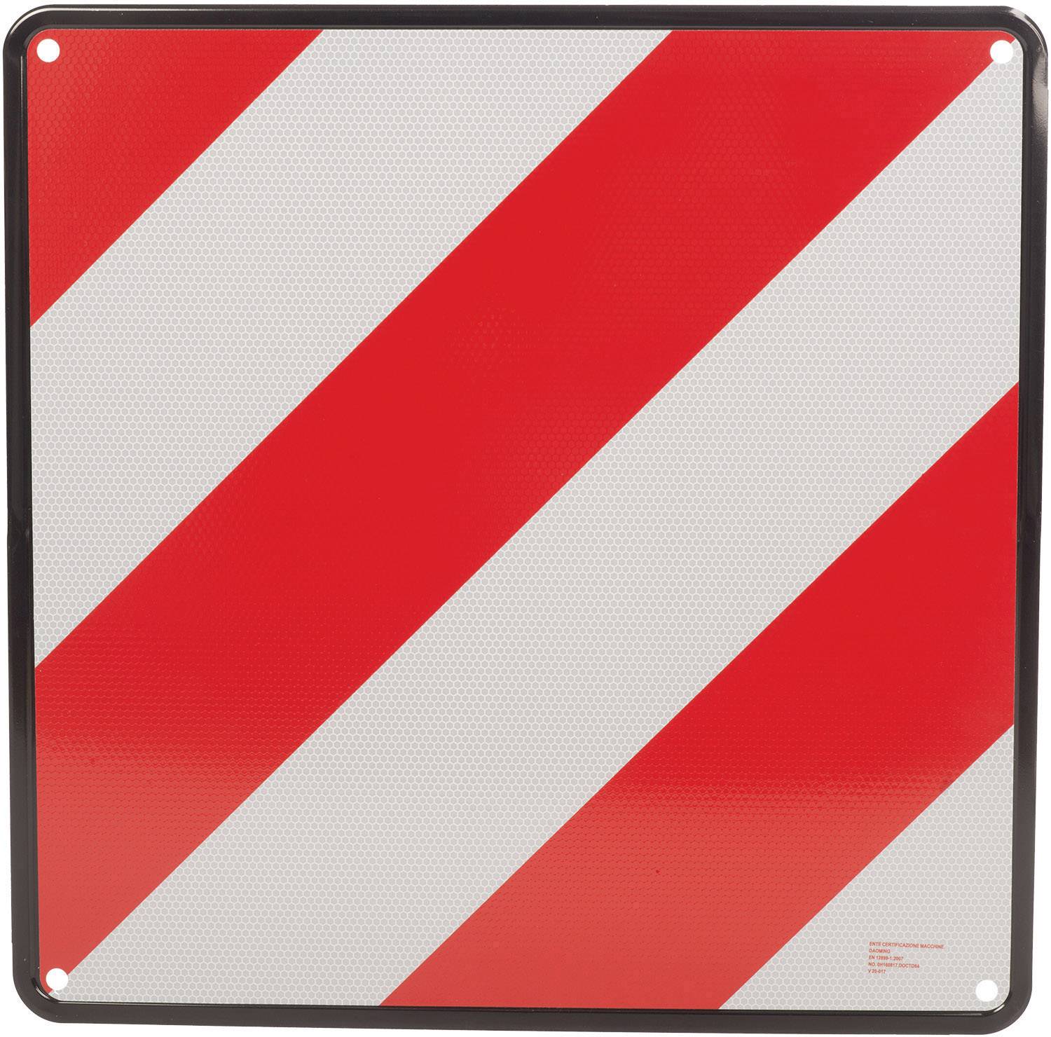 Un panneau carré avec des bandes diagonales rouges et blanches signale un avertissement ou un obstacle dans la zone de circulation.