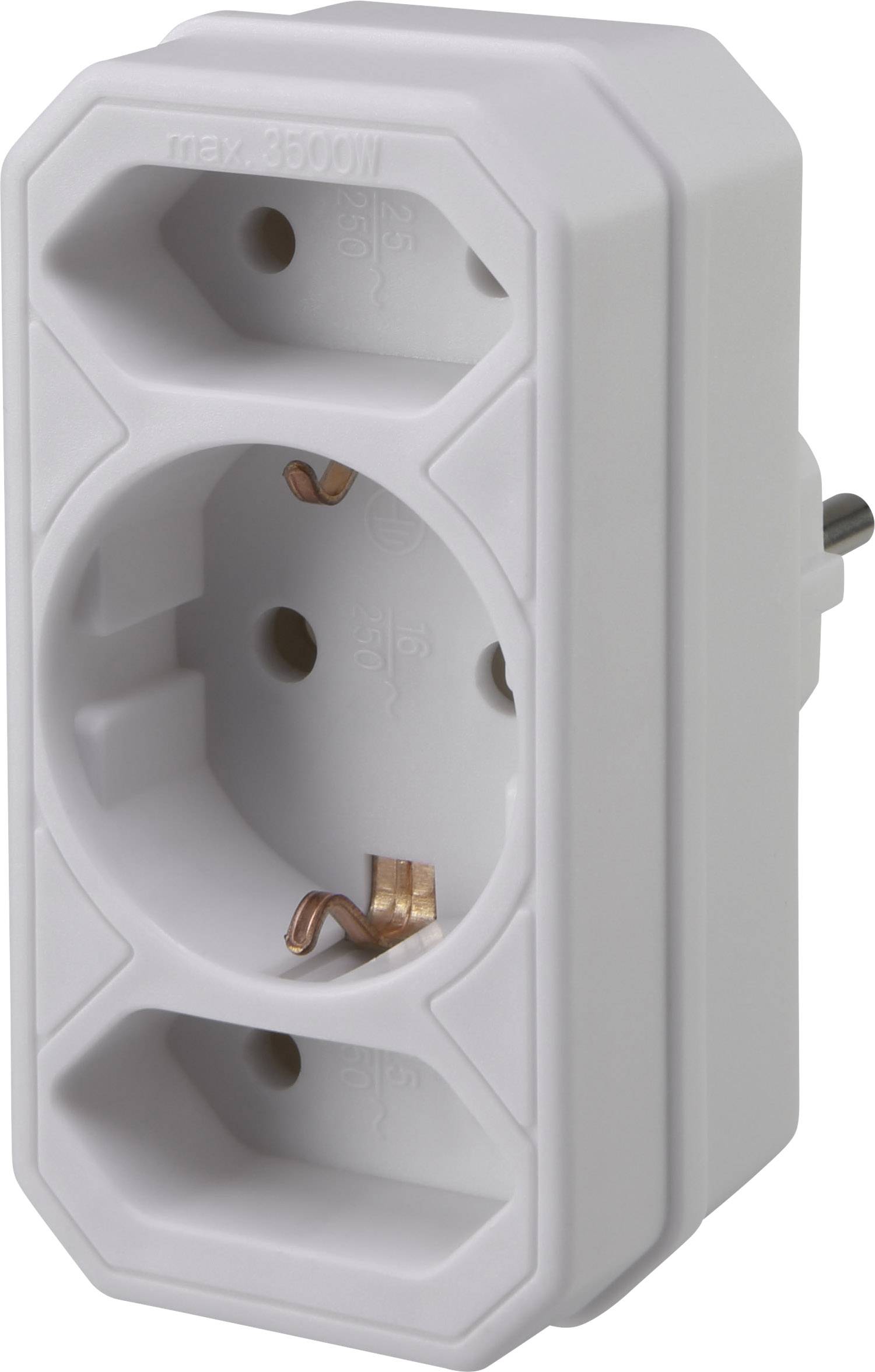 Bloc multiprise triple en plastique blanc avec deux prises latérales et une prise frontale, adapté pour une puissance maximale de 3500 watts.