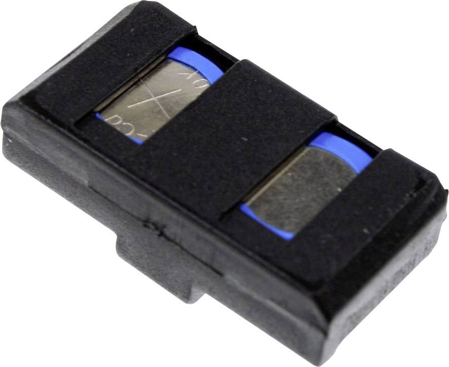 Un composant électronique noir rectangulaire avec deux surfaces de contact métalliques, probablement un élément de sécurité.