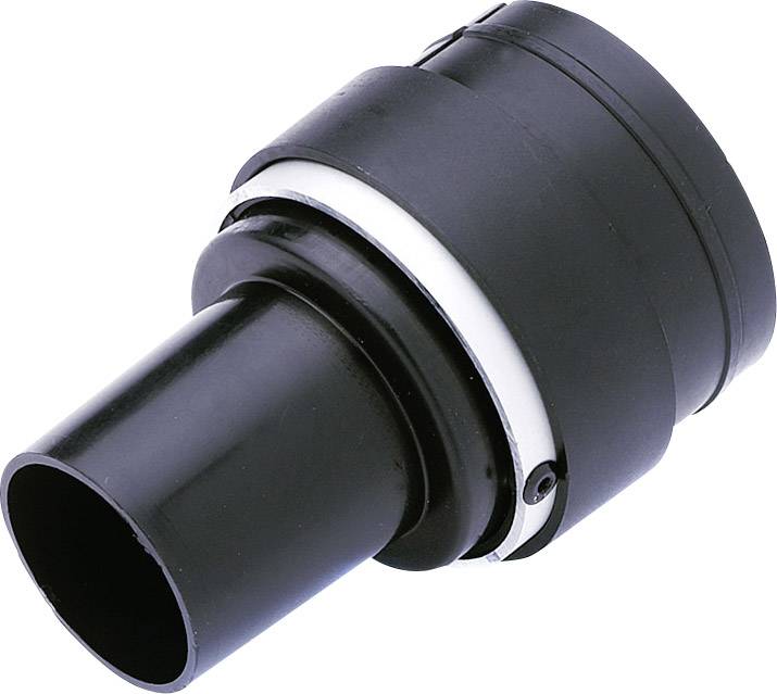 Adaptateur cylindrique noir, probablement destiné à un dispositif technique, avec un anneau blanc au centre.