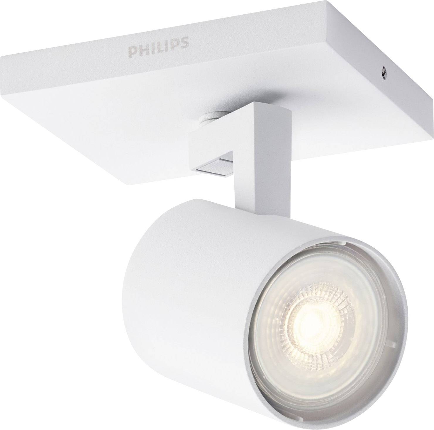 Plafonnier blanc Philips avec base rectangulaire et spot circulaire, orientable, pour un éclairage directionnel.