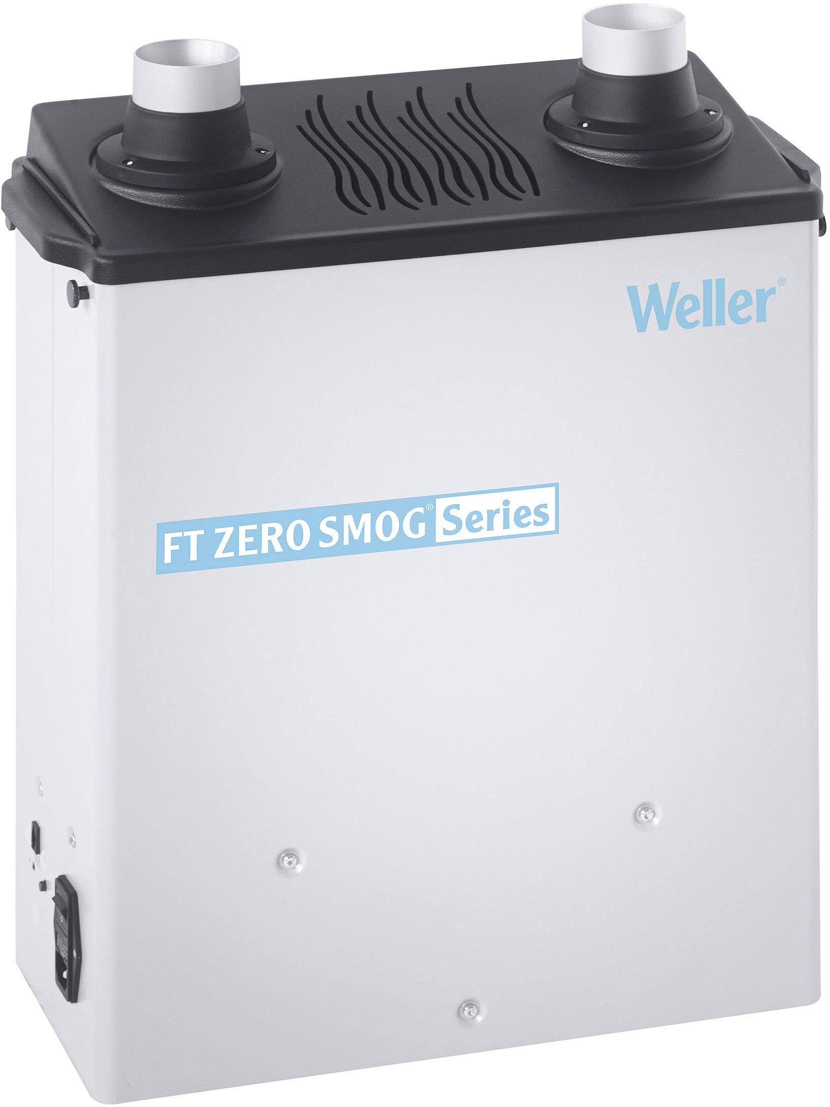 Appareil de filtration d'air avec partie supérieure noire et deux ouvertures de ventilation. Inscription : « Weller FT ZERO SMOG Series ».