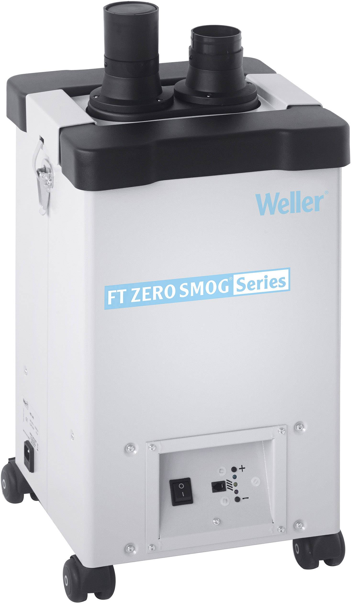 Un appareil blanc avec deux tubes noirs sur le dessus et un interrupteur sur la façade. Le texte 'Weller FT Zero Smog Series' est visible.