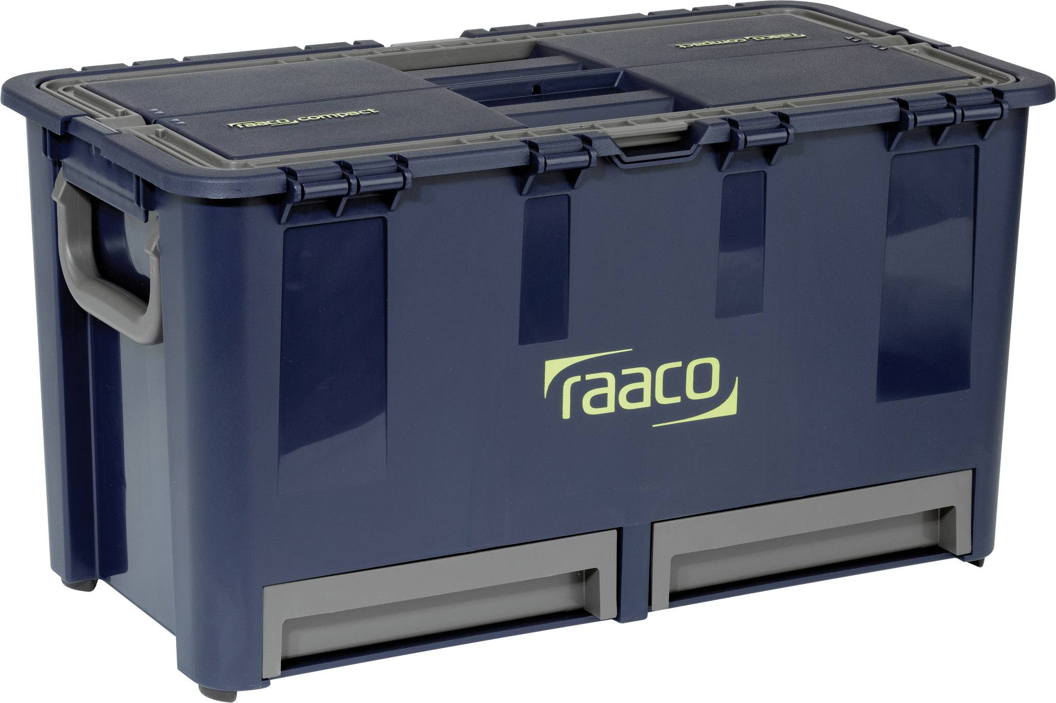 Boîte à outils bleue avec le logo 'raaco' sur le côté. Contient deux tiroirs coulissants en bas.