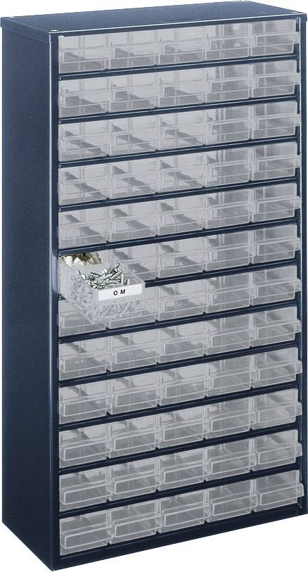 Une grande étagère avec de nombreux petits tiroirs transparents, dont un est ouvert et contient des pièces métalliques.