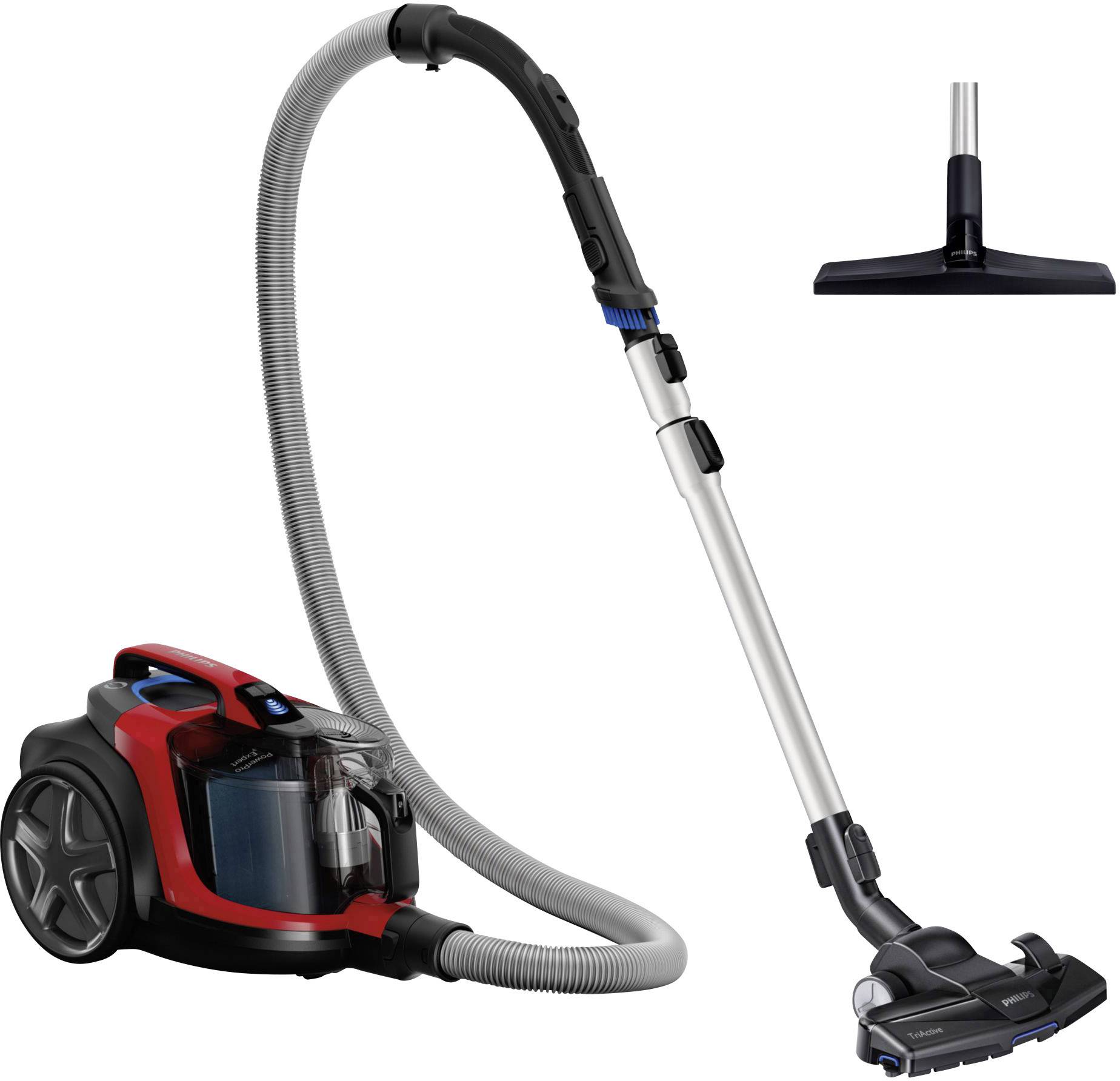 Un aspirateur rouge avec un embout de tuyau noir et argenté. Un embout de brosse supplémentaire est illustré en haut à droite.