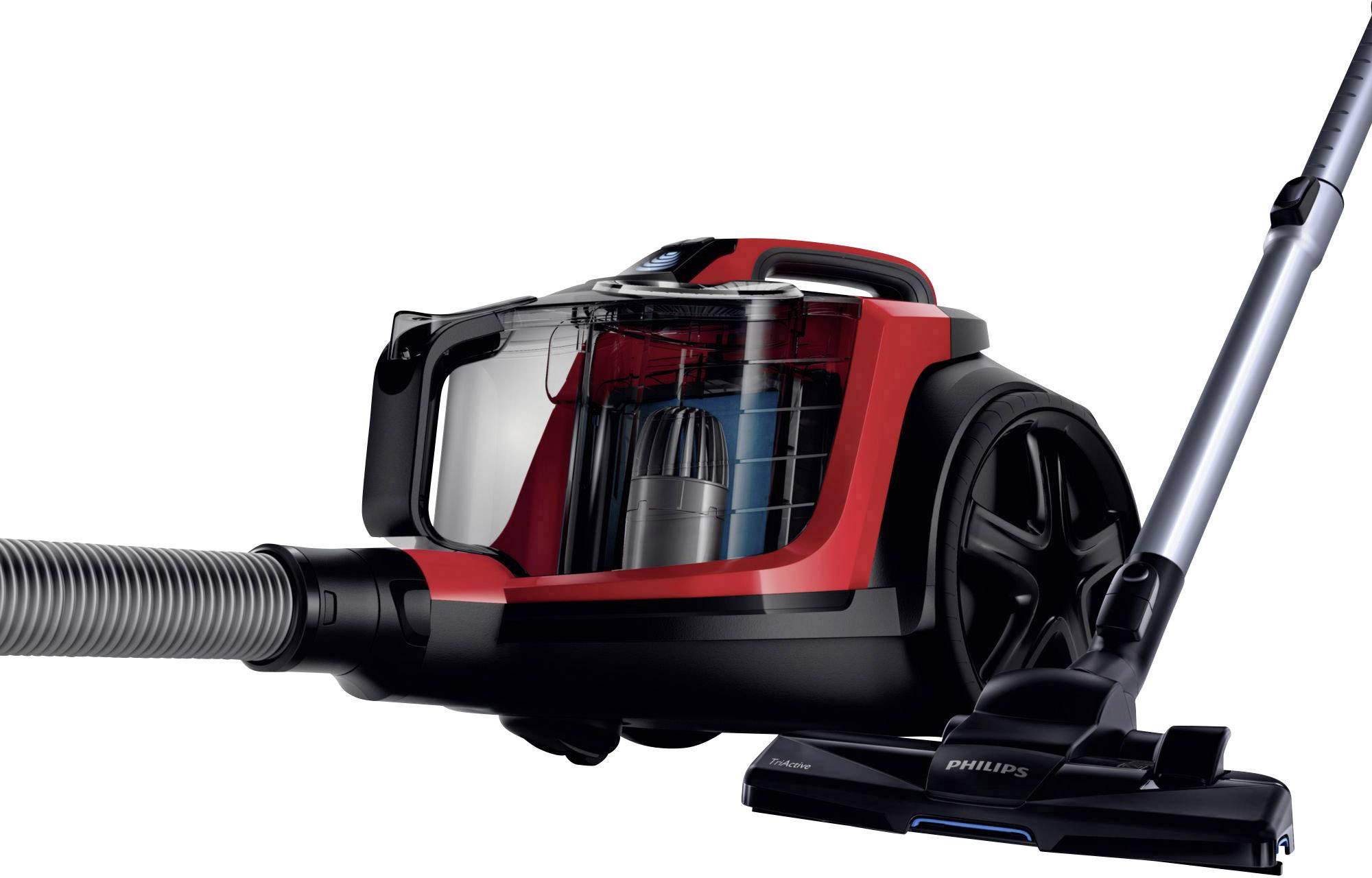 Un aspirateur rouge cylindrique avec des accessoires noirs, un réservoir à poussière transparent et des roues, relié à un tuyau d'aspiration.