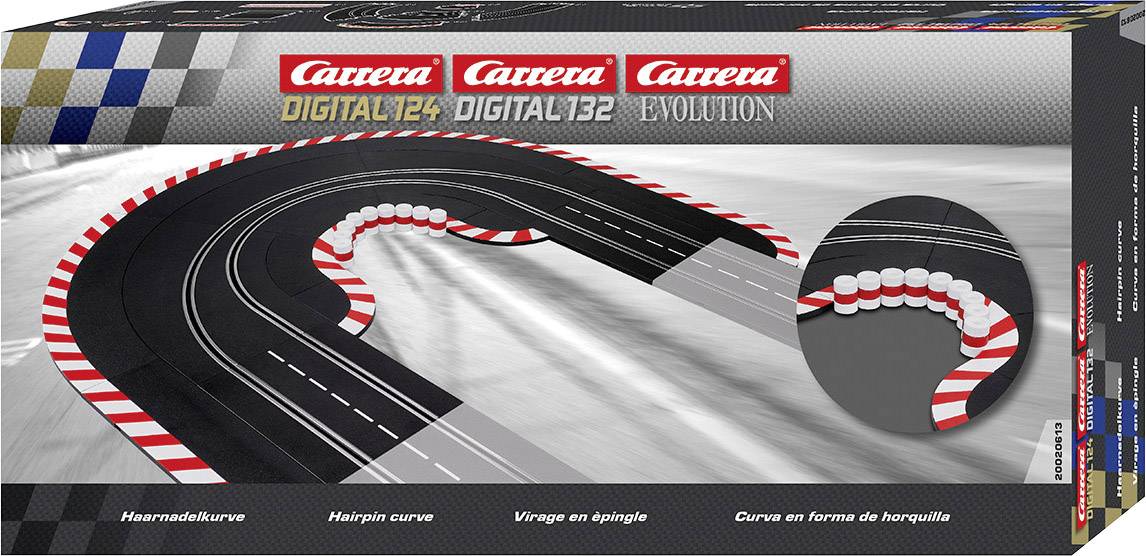 Image de l'emballage d'un virage de circuit de course Carrera. Montre un virage en épingle à cheveux avec un bord rayé rouge et blanc, représenté vue de dessus.