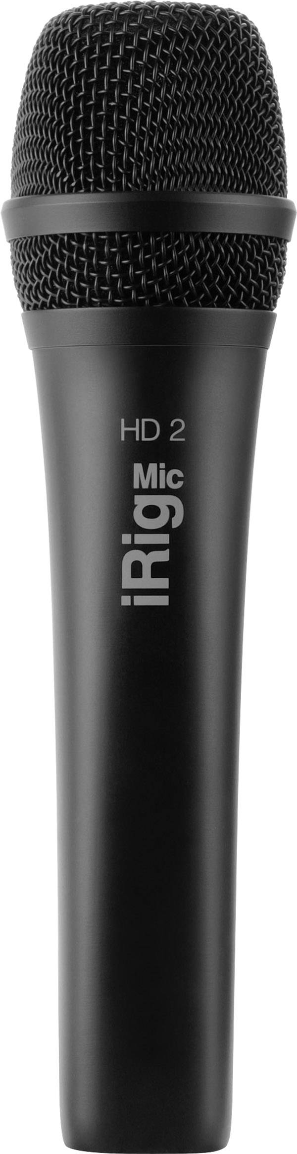 Microphone iRig Mic HD 2 noir avec marquage de marque, adapté pour des enregistrements audio de haute qualité.
