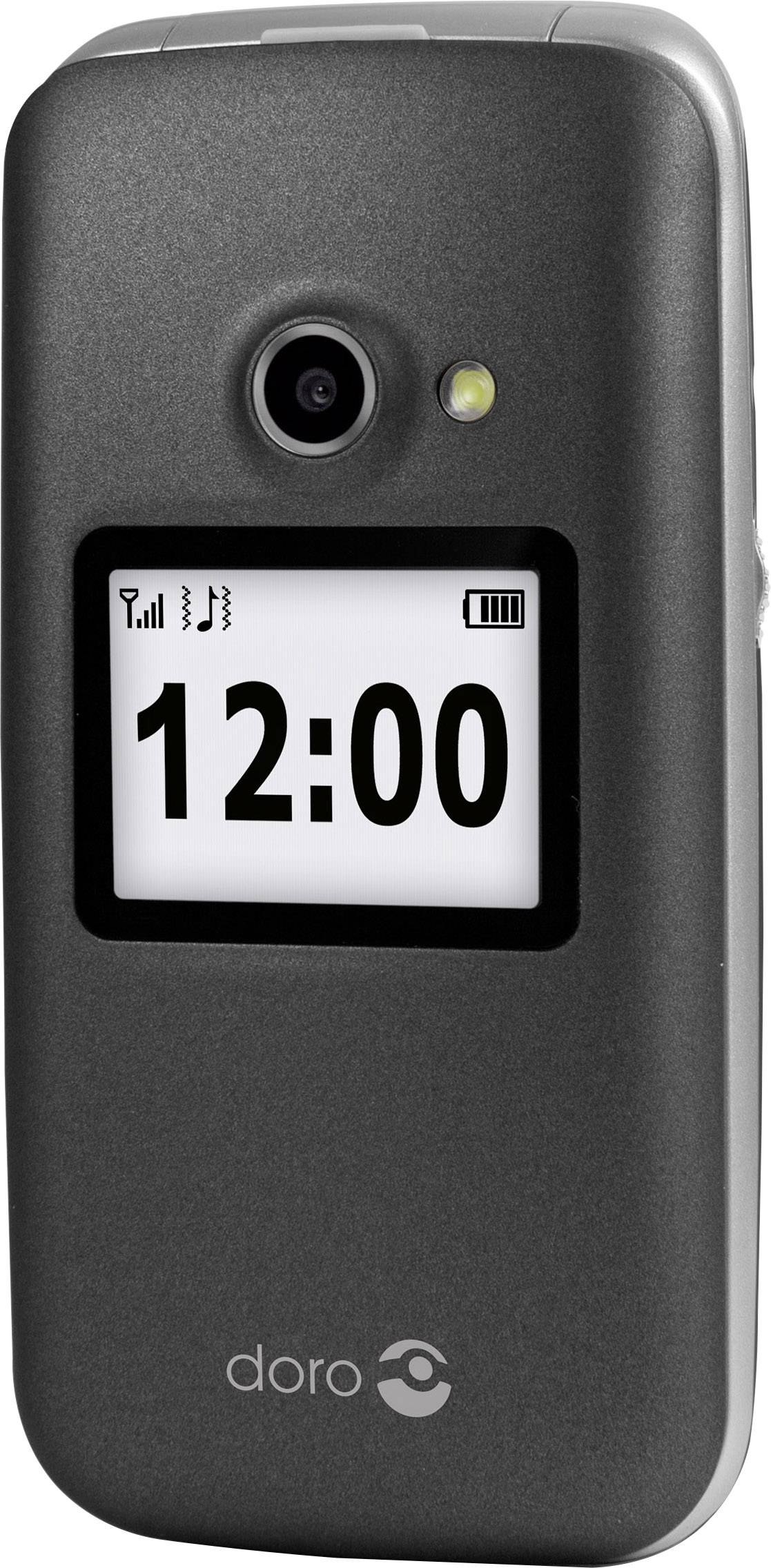 Téléphone portable à clapet noir et gris avec écran ; affichant '12:00' sur l'écran, caméra et flash en haut, logo de la marque en bas.