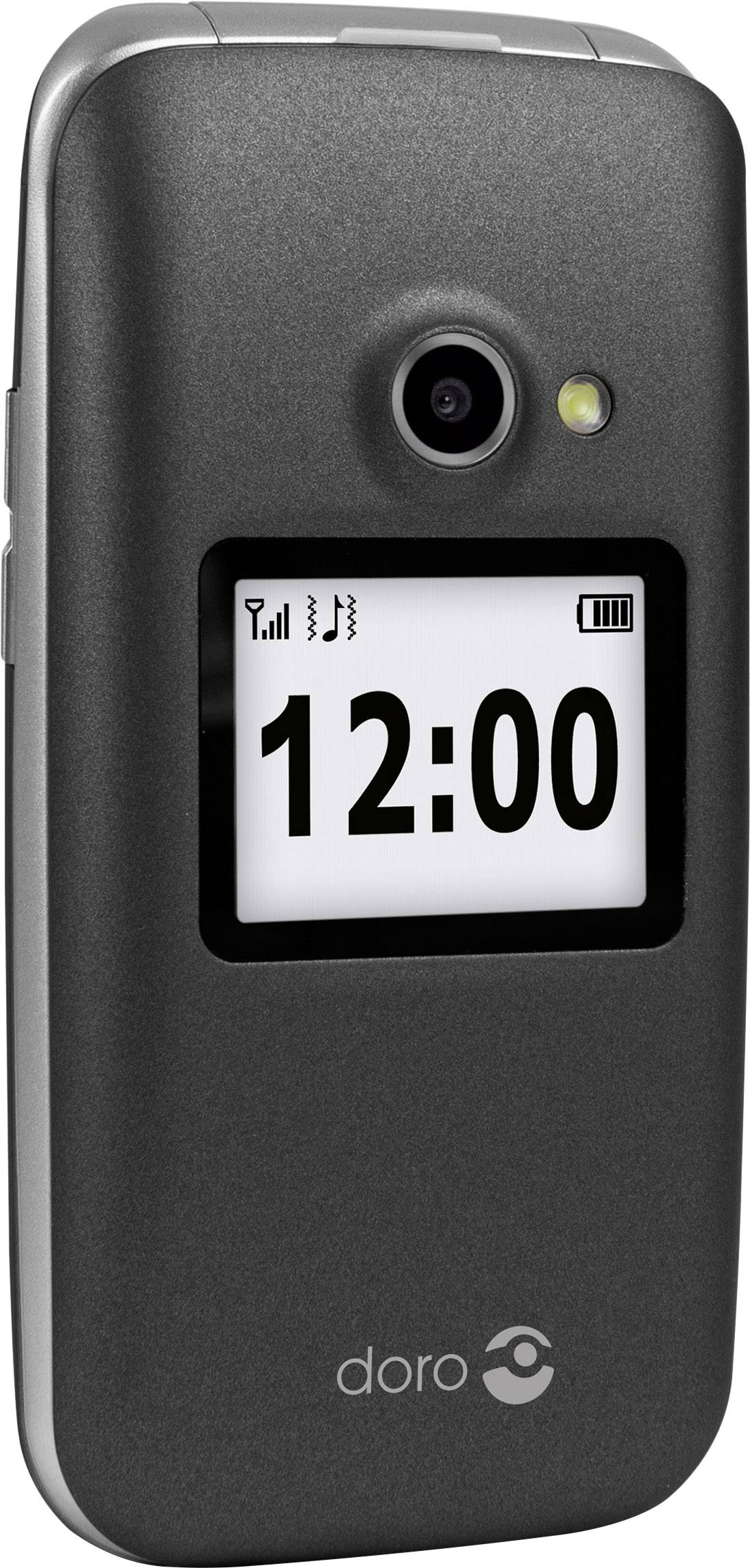 Téléphone portable compact à rabat avec écran externe affichant '12:00'. Caméra et flash en haut. Nom de marque 'Doro' en bas. Idéal pour une utilisation simple.