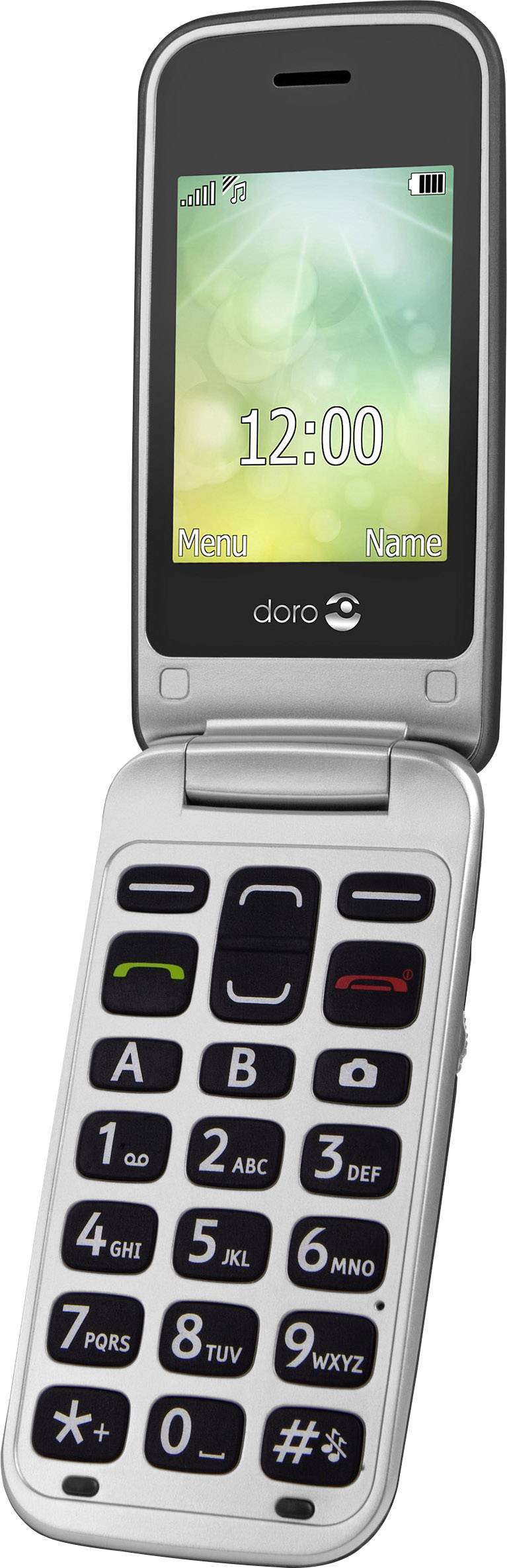 Un téléphone portable à clapet argenté avec un grand écran et des touches. L'écran affiche l'heure '12:00'.