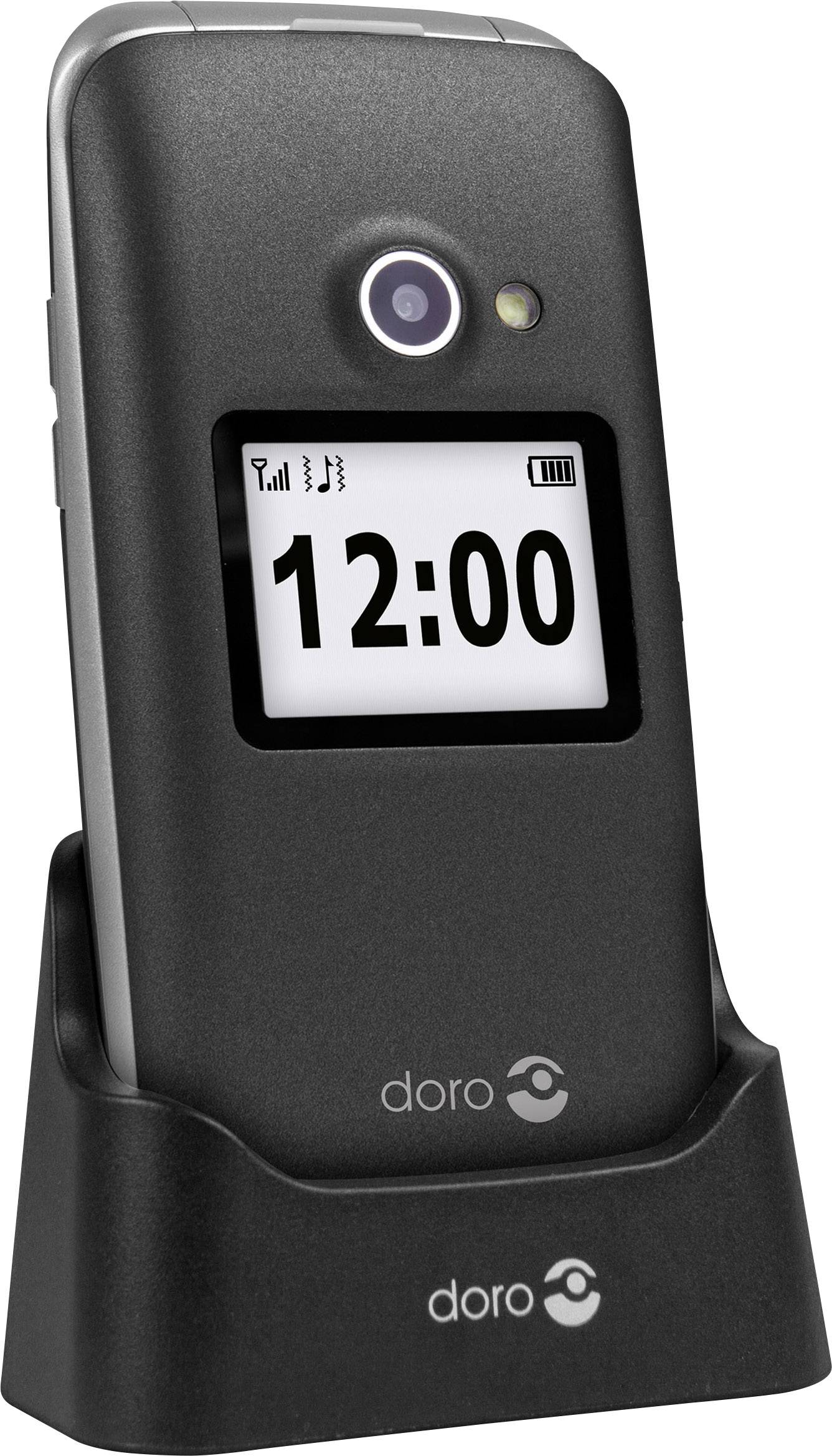 Un téléphone portable à clapet noir dans sa station de charge affiche l'heure 12:00 sur son écran.