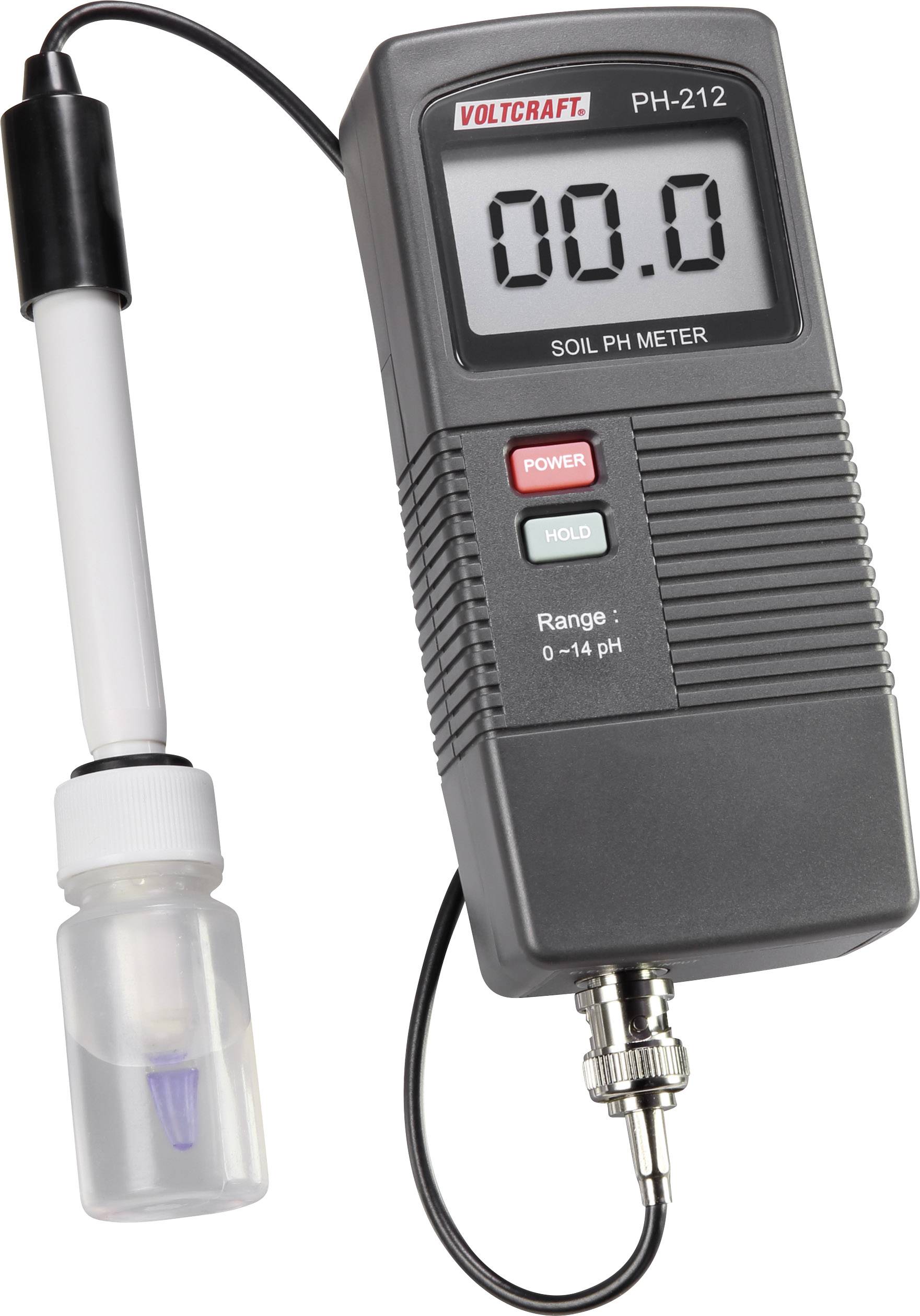 PH-mètre à affichage numérique indiquant '00.0', relié à une sonde et un récipient de liquide. Plage de mesure de 0 à 14 pH pour analyses de sol.