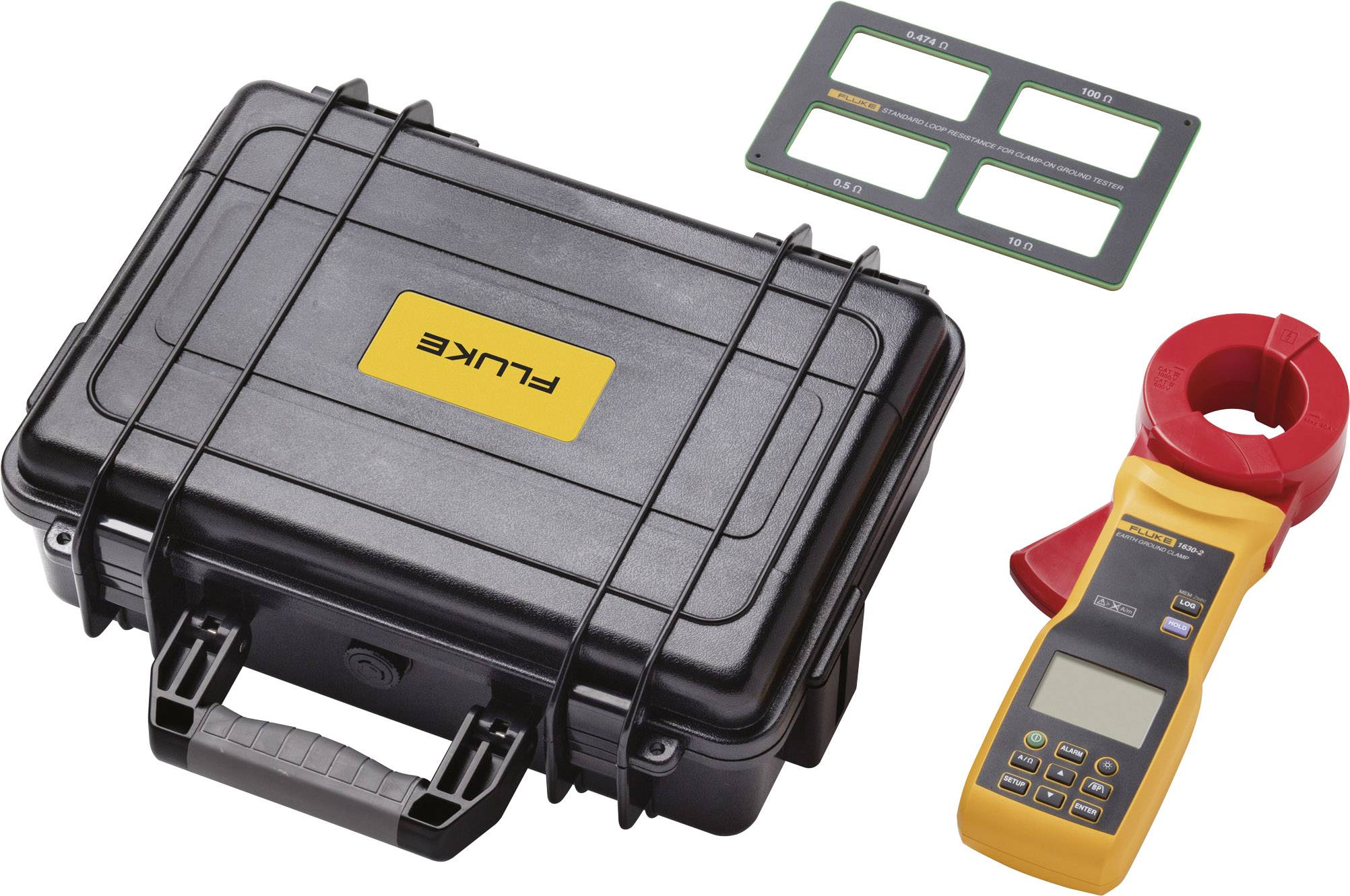 Valise noire avec logo jaune 'Fluke', à côté un appareil de mesure avec affichage numérique et une pince rouge et jaune.