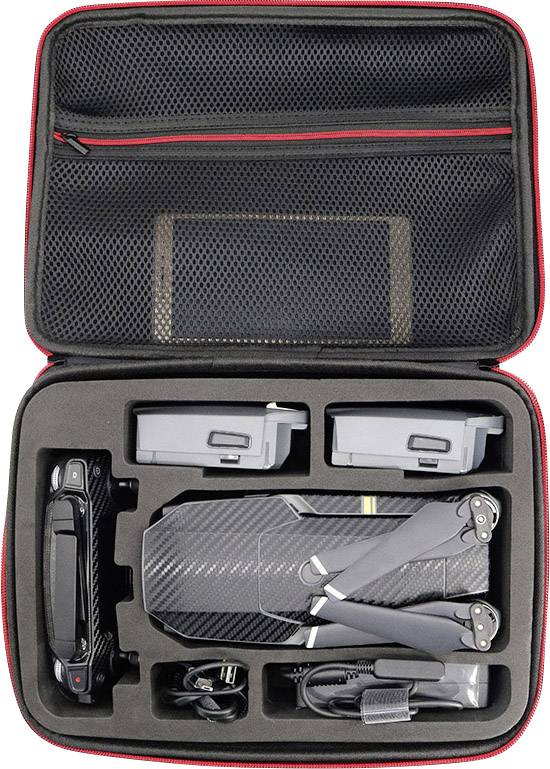Drone rangée soigneusement dans une valise de transport avec deux batteries, télécommande et accessoires. Parfait pour un transport et un stockage en toute sécurité.