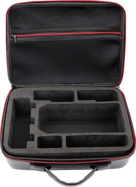 Valise noire ouverte avec une fermeture éclair rouge, dotée d'un rembourrage intérieur avec différents compartiments pour un rangement sécurisé des objets.