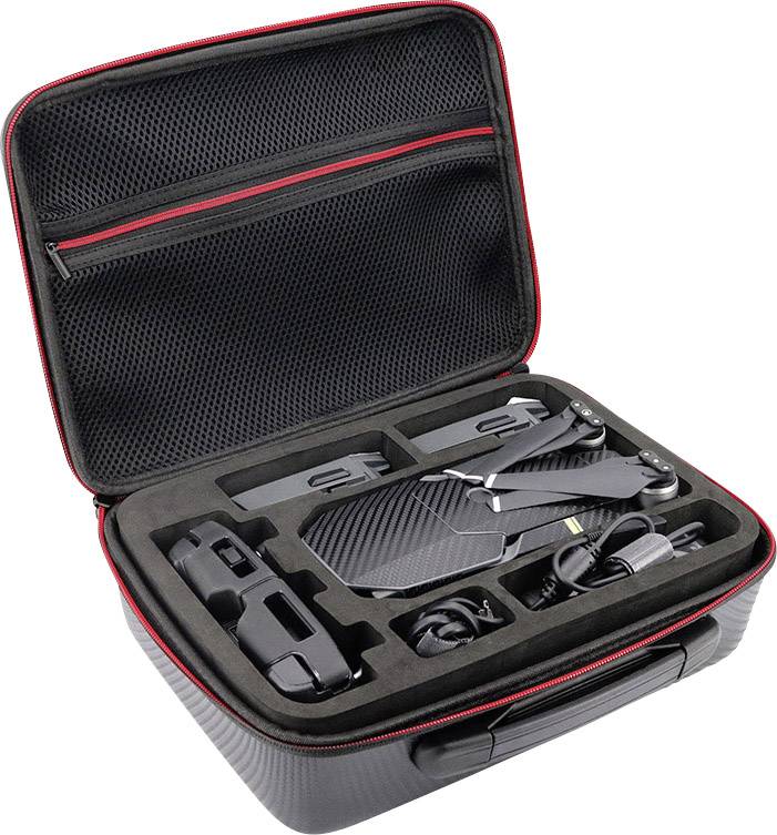 Valise rigide avec garnitures en mousse, contenant un drone compact et ses accessoires tels que la télécommande, le chargeur et les hélices.