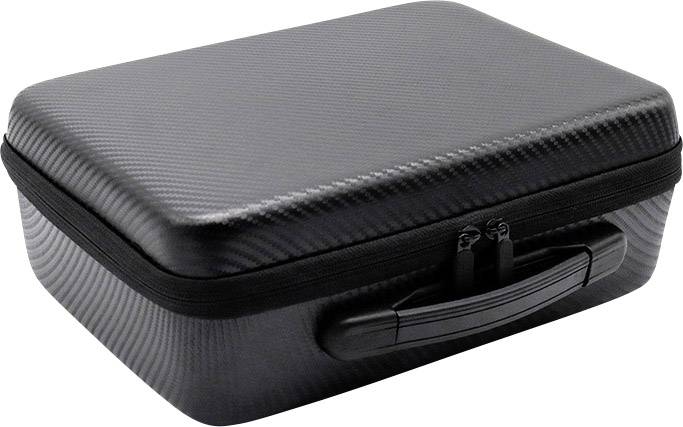 Un sac de transport rigide noir avec fermeture éclair et poignée, possiblement adapté pour des appareils électroniques ou des accessoires.