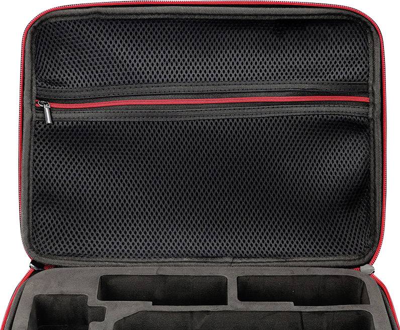 Valise noire avec coutures d'accent rouges, compartiment intérieur en filet avec fermeture à glissière et compartiments rembourrés pour le rangement des appareils.