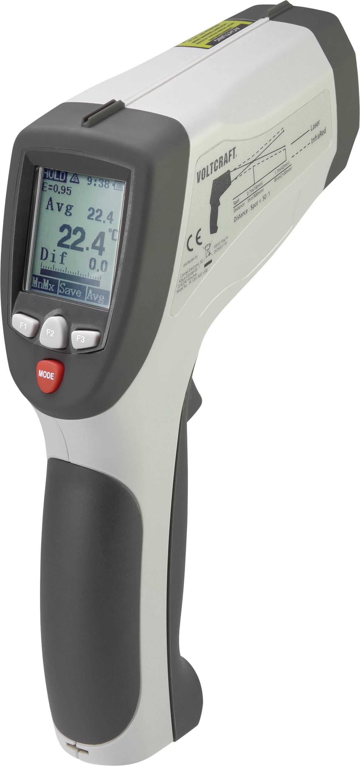 Thermomètre infrarouge avec affichage numérique, indiquant une température de 22,4°C. L'appareil a un boîtier gris et une touche de commande rouge.