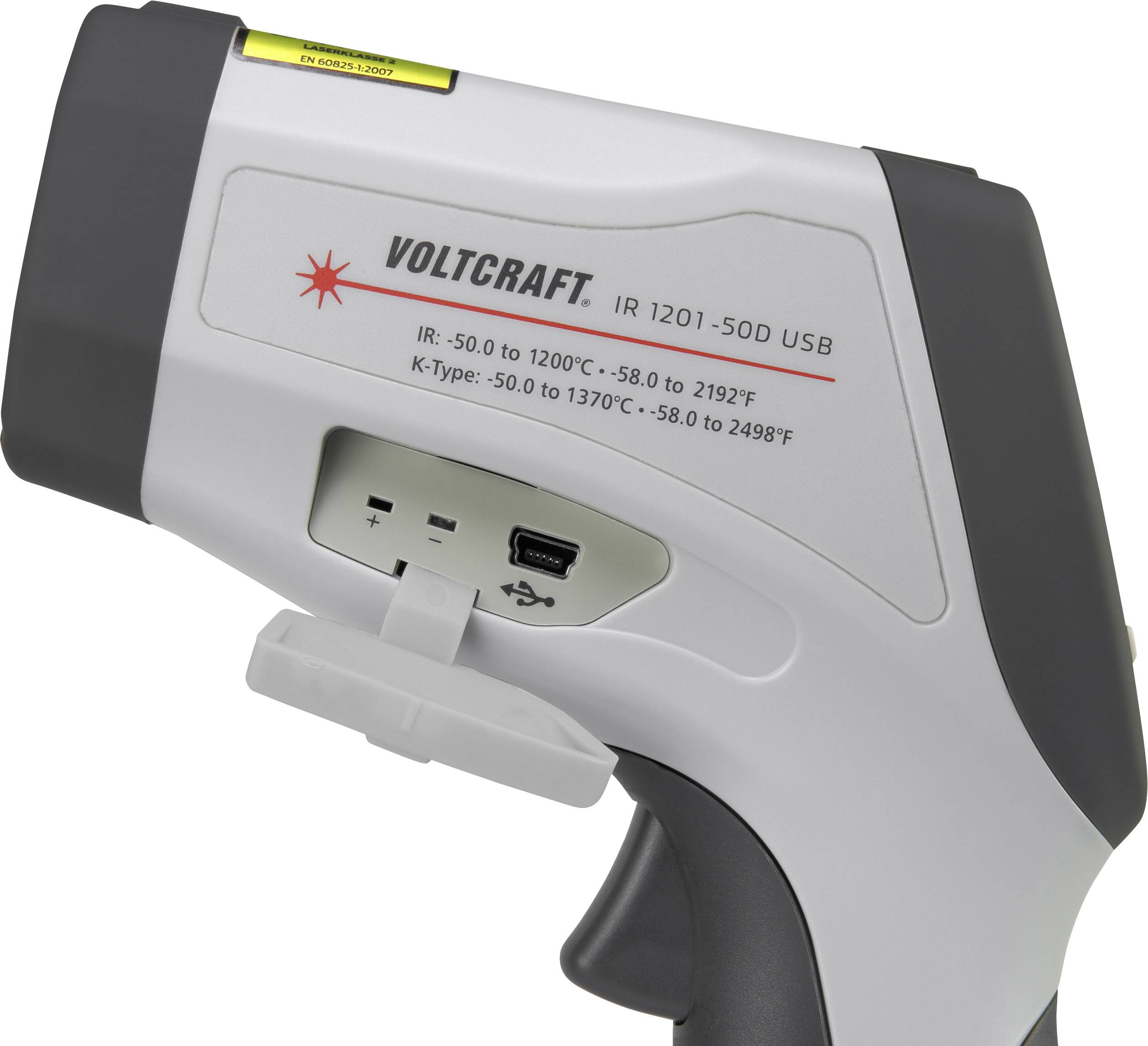 Thermomètre infrarouge à affichage numérique de la marque 'Voltcraft', mesurant des températures de -50°C à 1200°C, port USB visible.