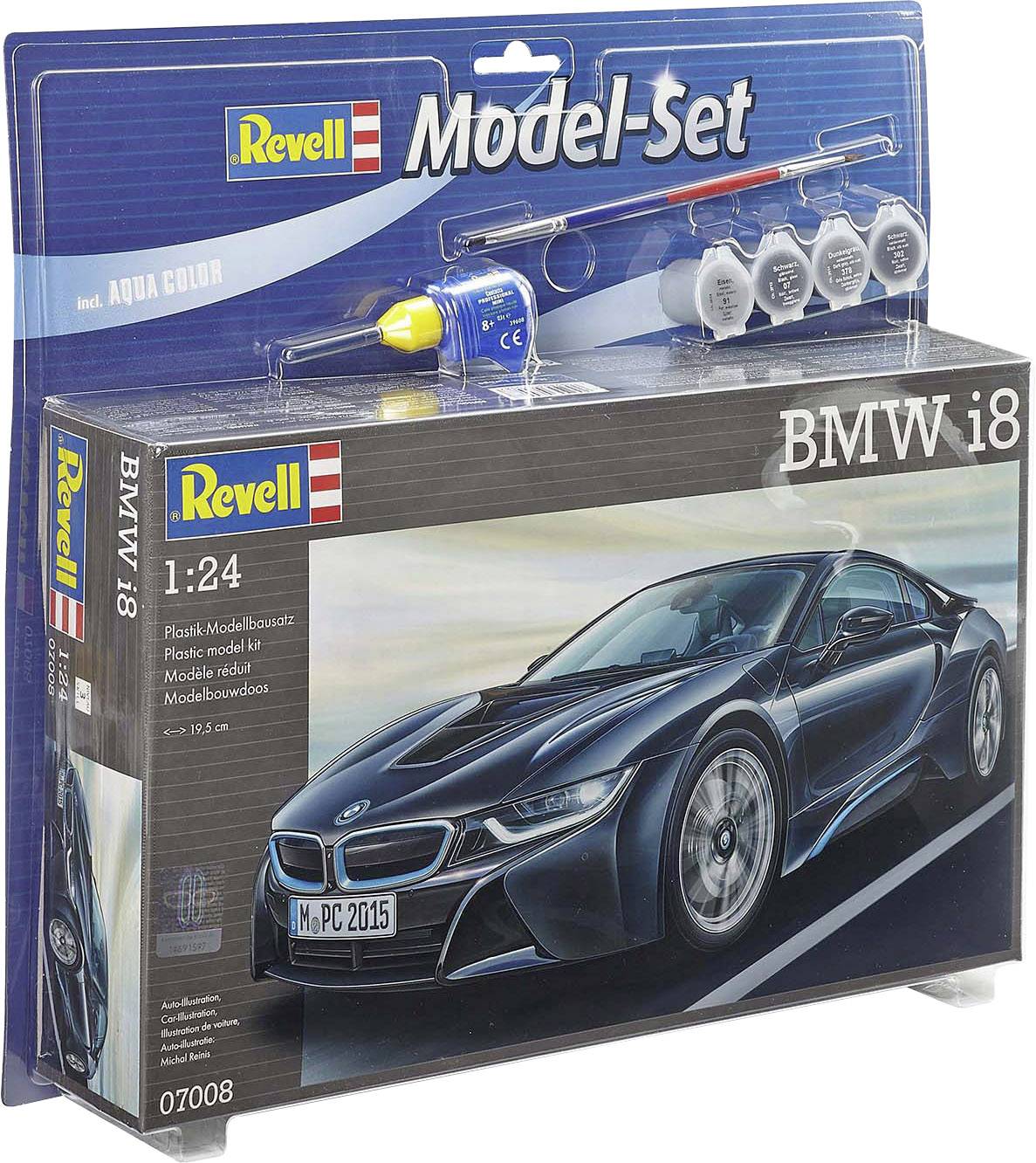 Maquette 'BMW i8' de Revell à l'échelle 1:24. Le kit comprend des peintures Aqua Color, de la colle et des pinceaux. L'emballage présente une image du modèle.