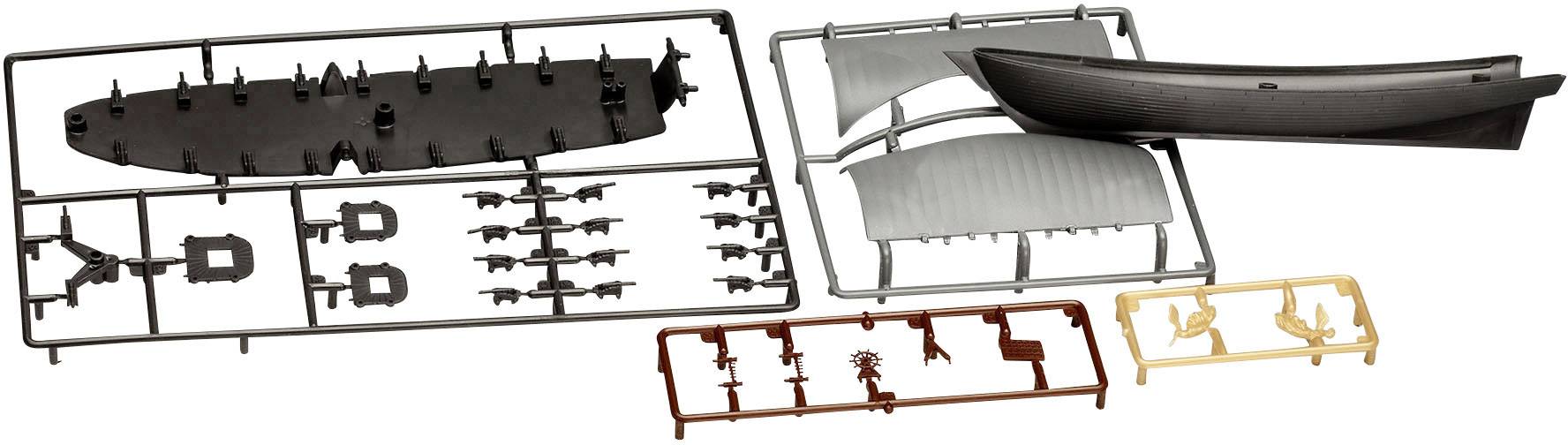 Kit de maquette de bateau comprenant différentes pièces en plastique en noir, gris et brun. Les pièces doivent être assemblées.