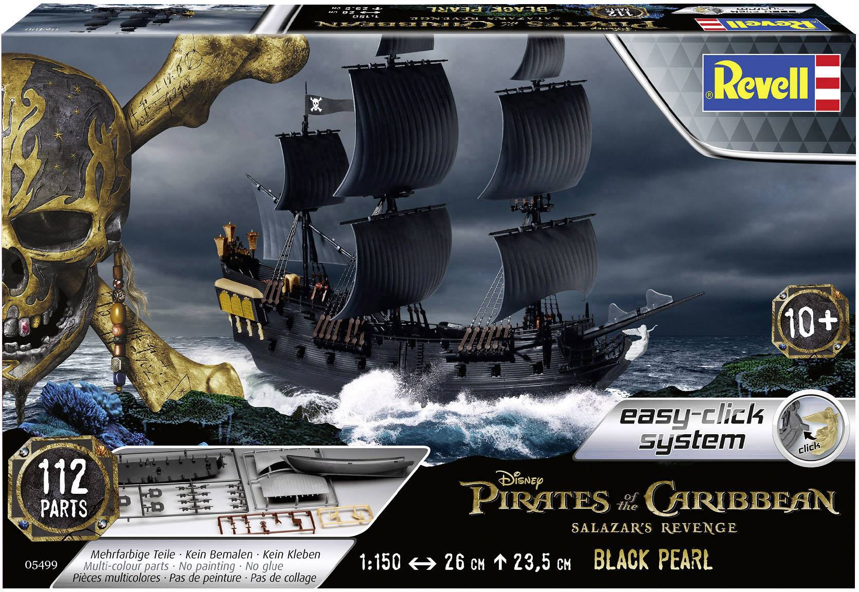Kit du 'Black Pearl' de 'Pirates des Caraïbes' par Revell. Contient 112 pièces, recommandé à partir de 10 ans.