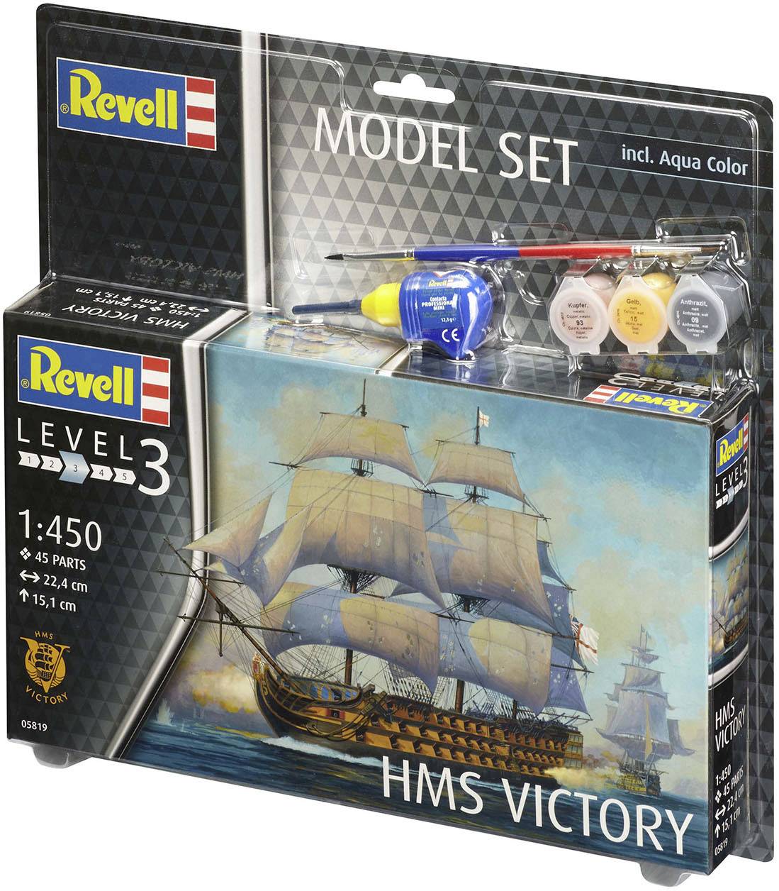 Maquette 'HMS Victory' de Revell à l'échelle 1:450, comprenant les peintures et les pinceaux. Montre un navire à voiles détaillé sur l'emballage.