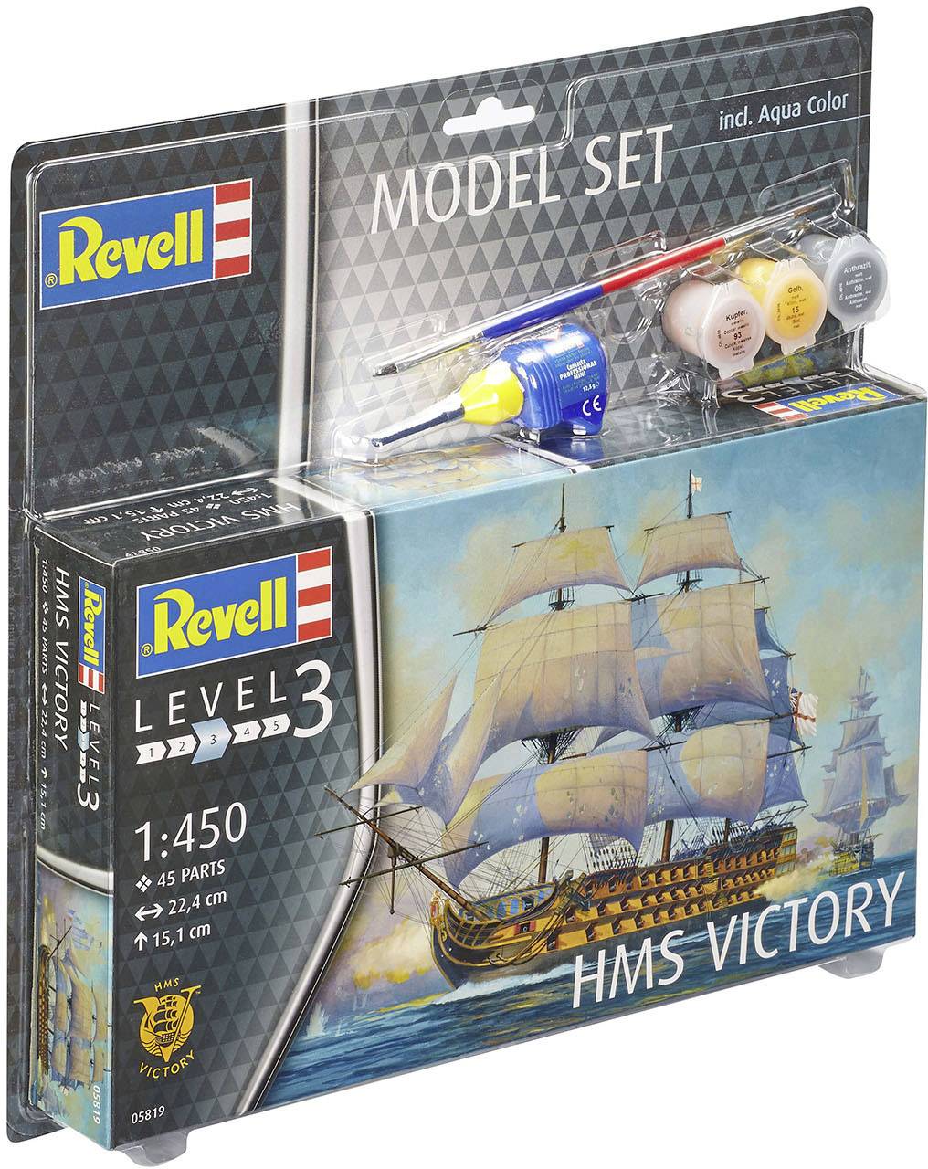 Maquette du HMS Victory de Revell à l'échelle 1:450. Comprend des peintures et des pinceaux. L'emballage présente une image du voilier.