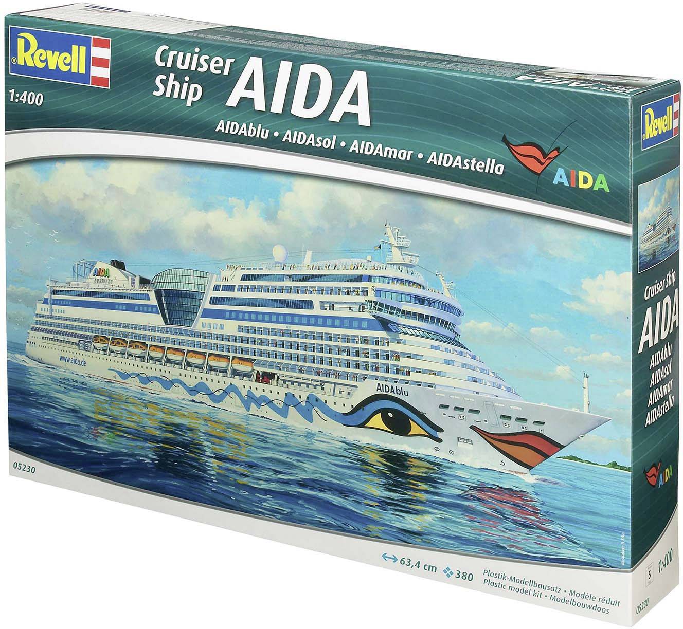 Modèle en carton d'un navire de croisière de la série AIDA. Présente le navire sur un fond bleu avec le logo de la marque et les informations d'emballage.
