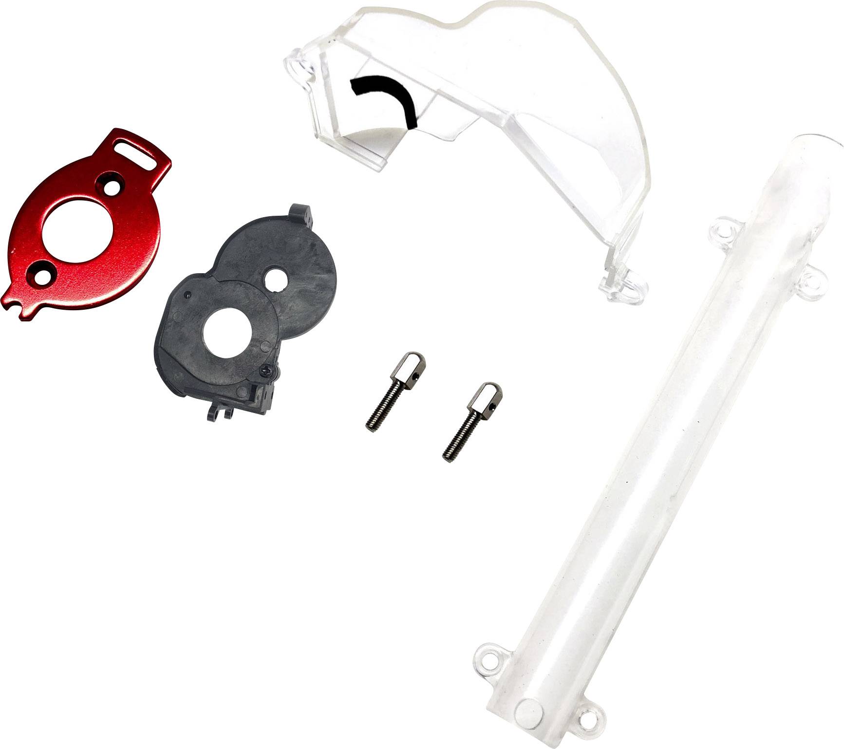 Différentes parties d'une trottinette électrique : capot transparent, élément de montage rouge, composant noir, deux vis, tube blanc.