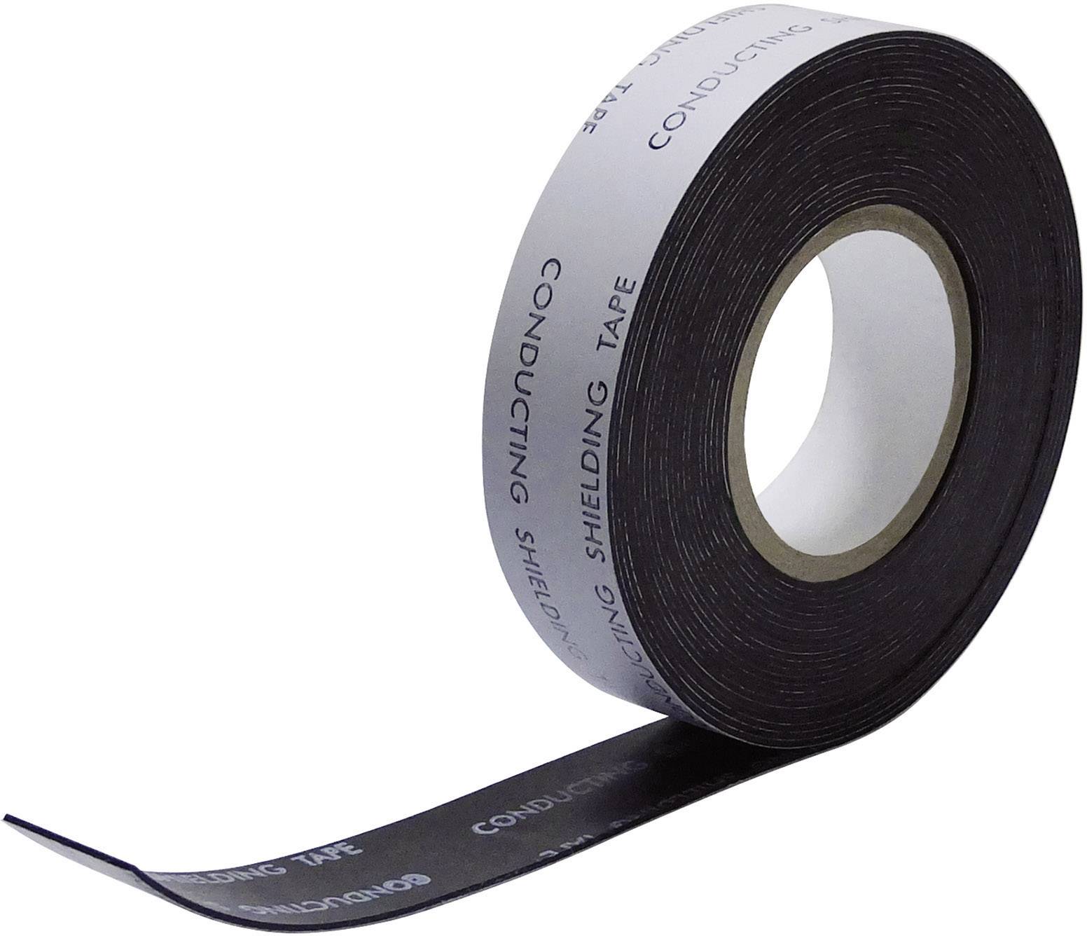 Un rouleau noir de ruban de blindage conducteur, légèrement déroulé, porte l'inscription 'CONDUCTING SHIELDING TAPE'. Idéal pour le blindage et la mise à la terre.