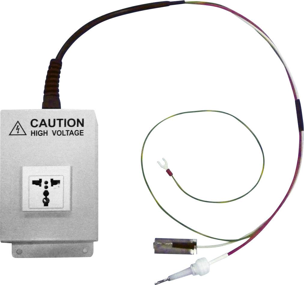 Un appareil portant l'inscription 'CAUTION HIGH VOLTAGE', avec des connexions électriques et des câbles visibles. Avertissement de haute tension.