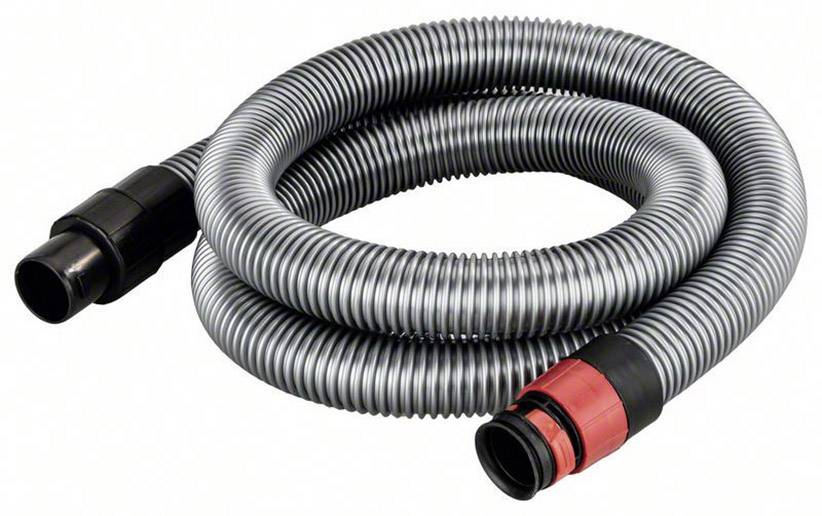 Tuyau flexible gris pour aspirateur avec embouts rouges et noirs disposés en spirale.