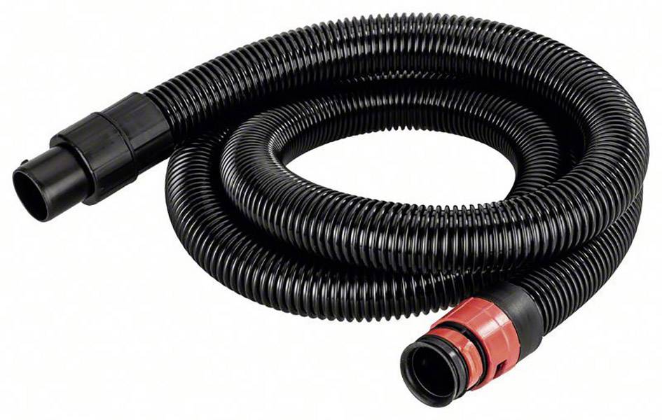 Tuyau d'aspirateur noir, strié, avec des raccords rouges, enroulé.