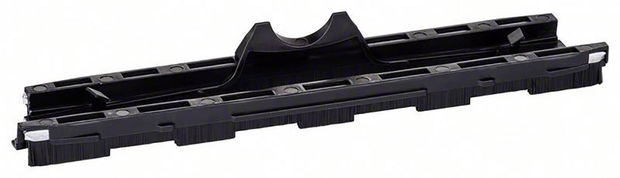 Une pièce en plastique noir, probablement un support de toit de véhicule ou un composant de rails de toit, sur un fond blanc.