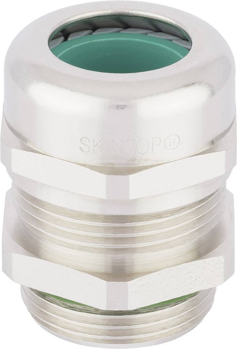 Presse-étoupe métallique avec joint d'étanchéité vert, forme cylindrique, adapté aux câbles électriques, couleur argent, design robuste.