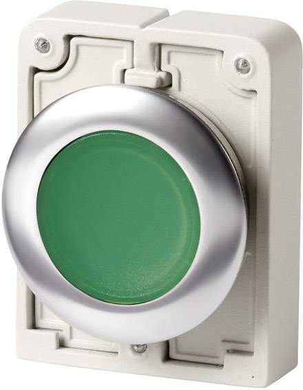 Un grand bouton rond vert avec un bord argenté sur un fond rectangulaire gris.