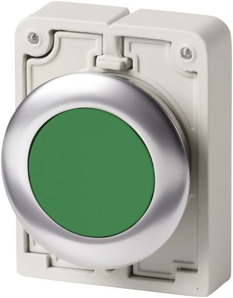 Bouton vert, rond, situé sur un boîtier rectangulaire en plastique blanc, probablement un interrupteur ou un bouton de démarrage pour une machine.