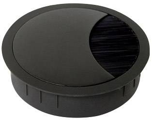 Un passe-câbles rond et noir avec une ouverture permettant de faire passer de manière organisée les câbles à travers un plateau de table.