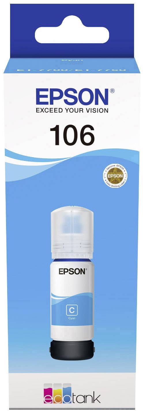 Emballage d'une bouteille d'encre Epson 106 Cyan de la série Ecotank, avec logo et inscription 'Exceed Your Vision' sur un fond bleu.