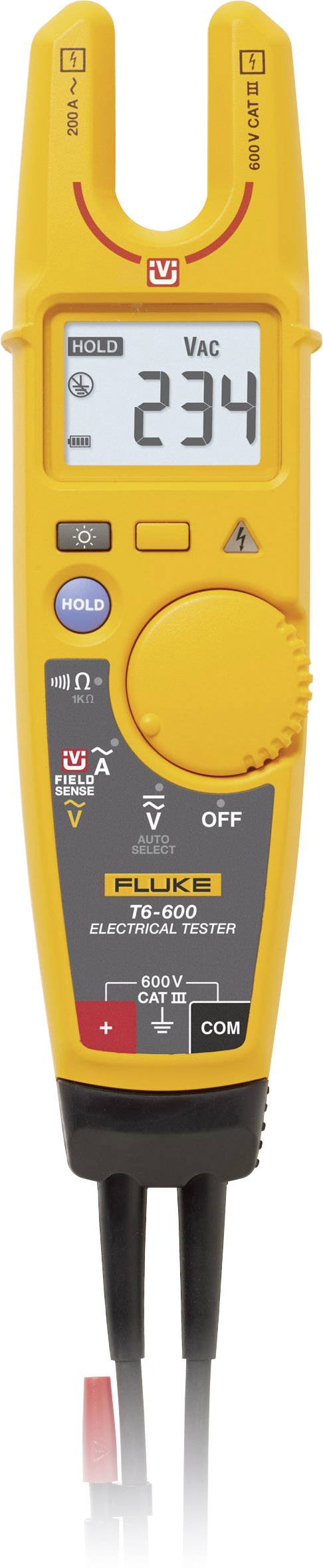 Un appareil de mesure électrique jaune affiche '234 VAC'. Il est équipé de fils de mesure noirs et rouges pour mesurer la tension.