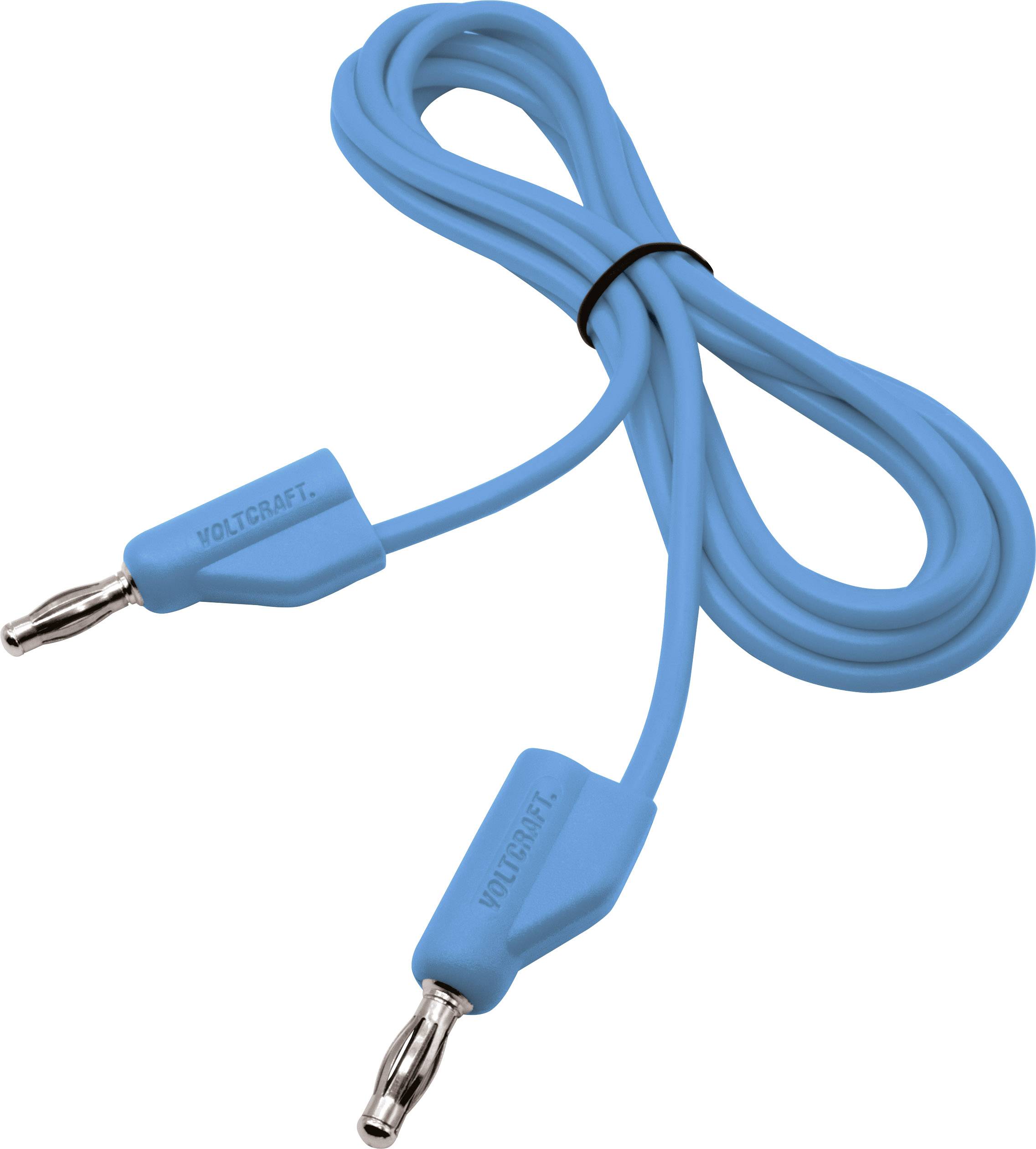 Un câble électrique bleu avec deux fiches métalliques à ses extrémités.