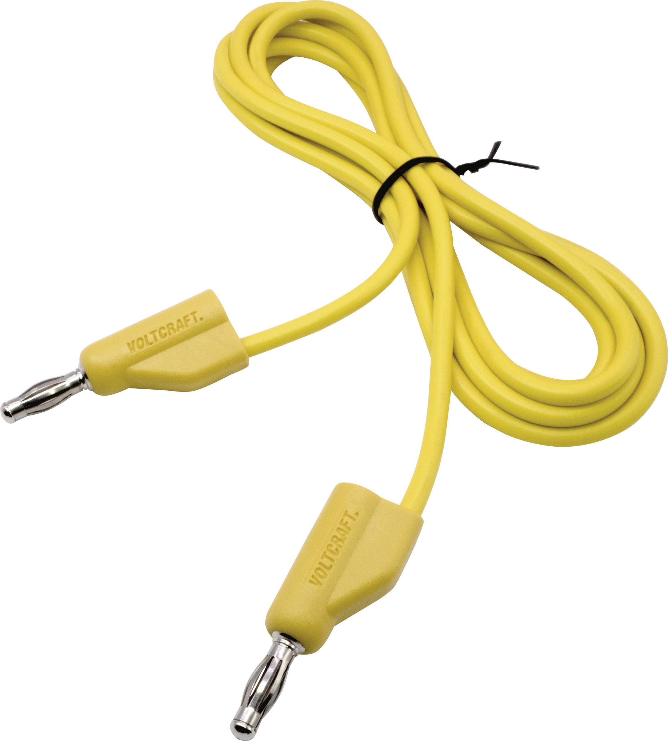 Câble jaune avec deux fiches à ses extrémités, l'une attachée avec un serre-câble noir. Les fiches sont étiquetées 'VOLTCRAFT'.