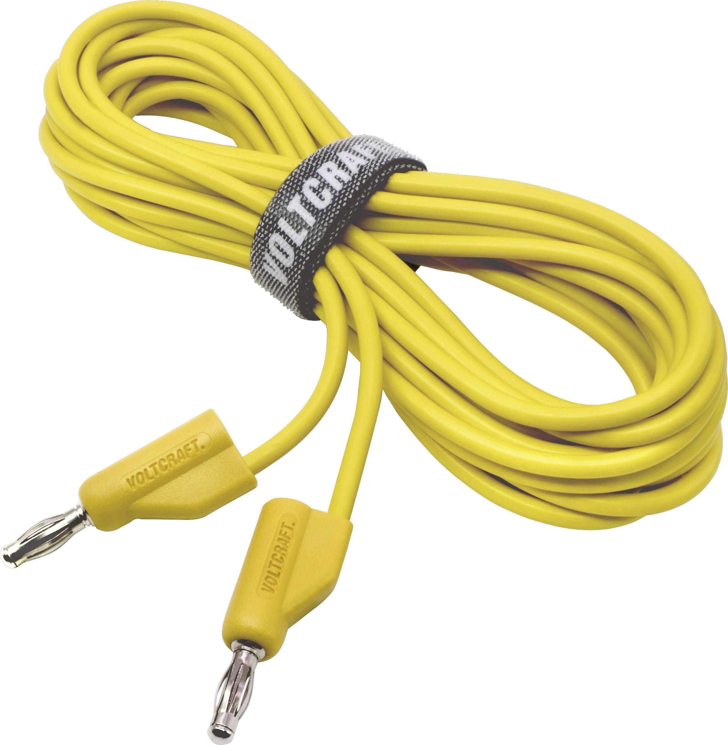 Câble de mesure jaune avec deux fiches isolées et une bande auto-agrippante portant l'inscription 'VOLCRAFT', enroulé.
