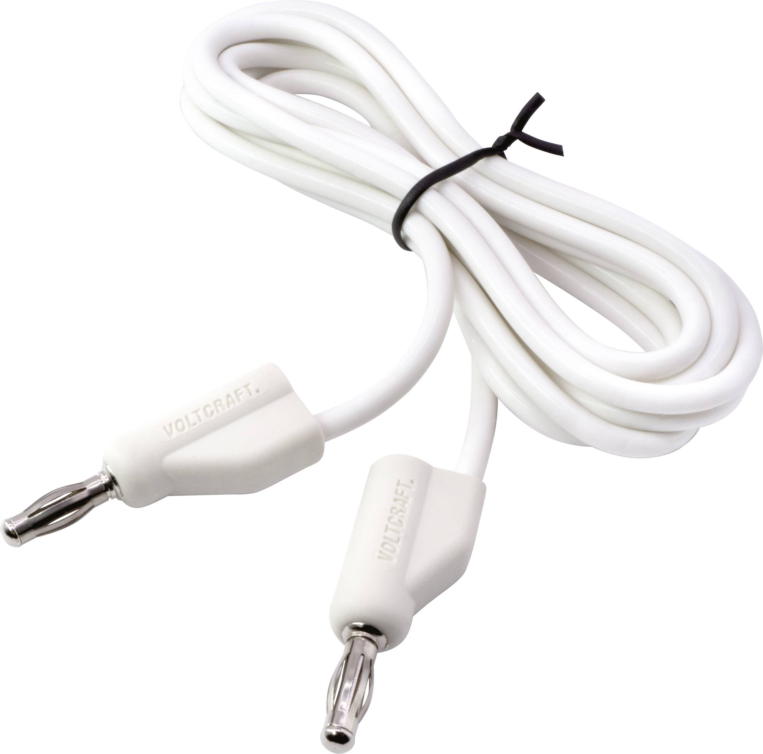 Câble blanc avec deux fiches métalliques à ses extrémités, utilisé pour les connexions électroniques.