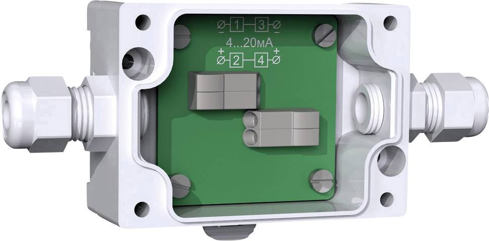 Boîtier d'un module de connexion électrique avec un intérieur vert, deux blocs de bornes et des connecteurs de raccordement sur les côtés.